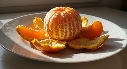 Peeled Orange on White Plate Still Life Photography Captures Freshness
