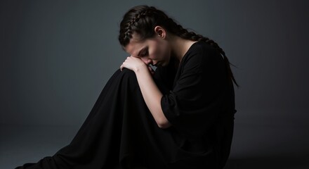 Naklejka premium Young woman expressing sadness in a dark, minimalist setting 