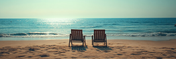 beach chairs stand sunny beach,symbolizing relaxation and comfort during summer holidays.The scene captures the essence leisure vacation vibes,perfect tranquil beach getaway,banner,copy space,mockup