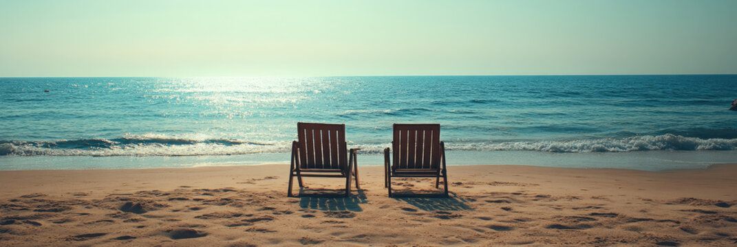 beach chairs stand sunny beach,symbolizing relaxation and comfort during summer holidays.The scene captures the essence leisure vacation vibes,perfect tranquil beach getaway,banner,copy space,mockup