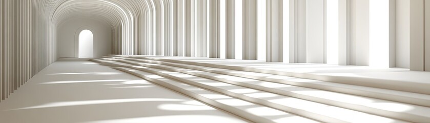 Obraz premium Steps in an archway corridor, leading to light. Minimalist architecture, columns & shadows create depth