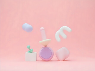 Pastel Abstract Shapes Arrangement with Plant on Pink Background