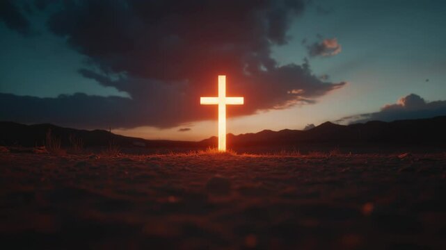 A Glowing Cross in the Desert at Sunset.