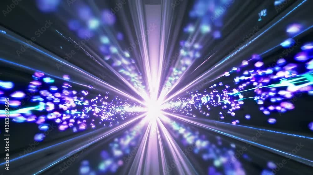 Poster abstract light burst with dynamic particles in a vibrant tunnel of energy waves