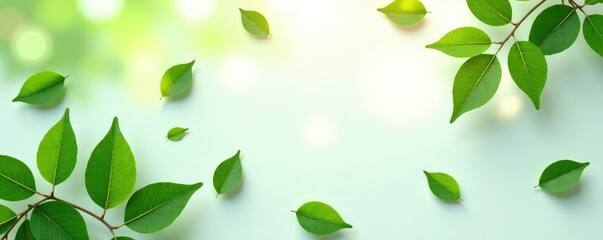 Fototapeta premium Lush green leaves scattered on a white surface, leaf, branch, texture