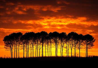 Obraz premium Silhouette Trees Row Landscape with Fiery Sky Nature Scenery at Vibrant Sunset