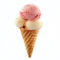three scoops of ice creams. Ice cream with waffle cone, isolated on white background. Promotion for ice cream parlor business