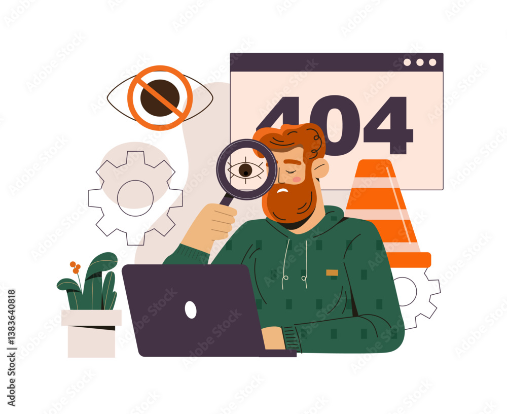 Aufkleber man analyzing 404 error on laptop screen. vector illustration
