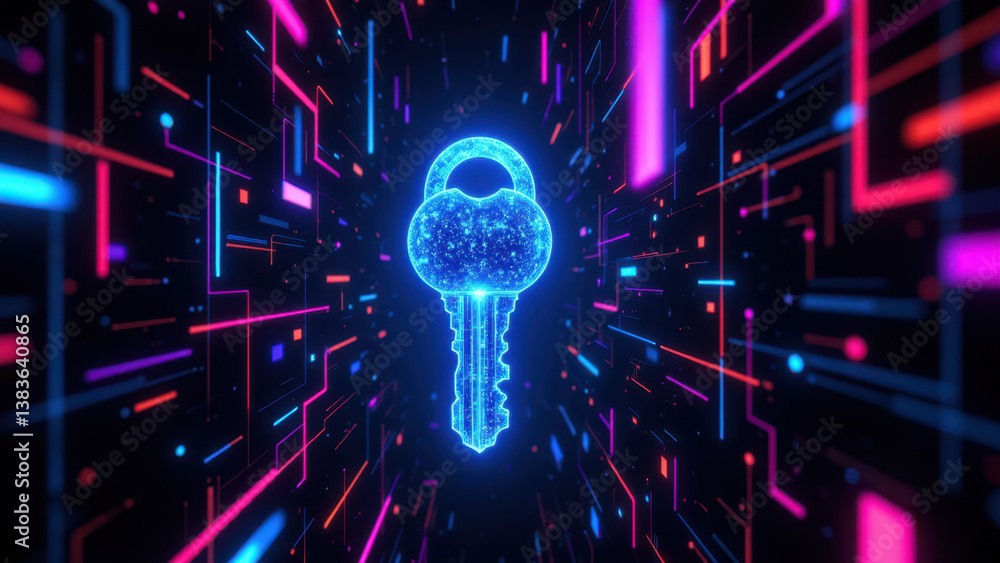 Poster a futuristic cyber lock with a digital keyhole and vibrant neon grids representing advanced cybersec
