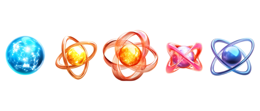 Pack of Atom Icons set on Transparent Background for Science Branding, Physics Education, or Technology Illustration