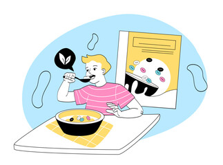 Boy eating colorful vegan cereal at table. Vector illustration