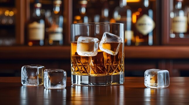 Glass of Whiskey with Ice on a Bar Counter with Bottles