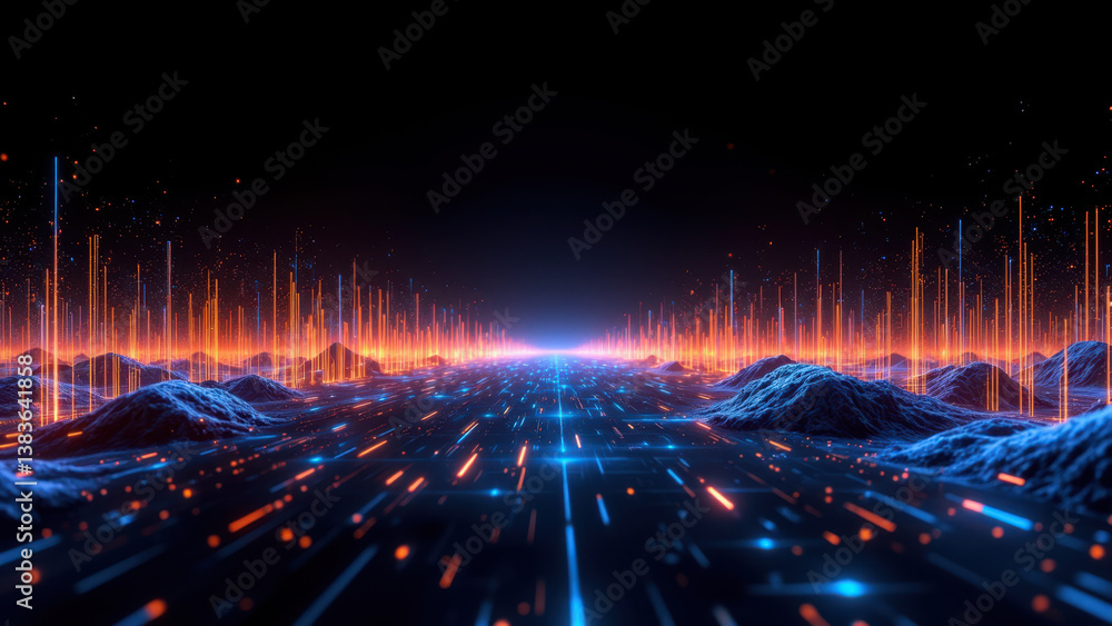 Poster futuristic cybernetic grid with digital and analog elements.