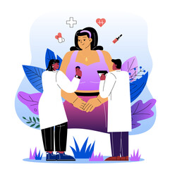 Doctors consulting overweight patient health. Vector illustration