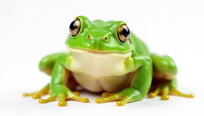 Obraz premium Single, plump bright green frog against pure white, bright green, macro, herpetology