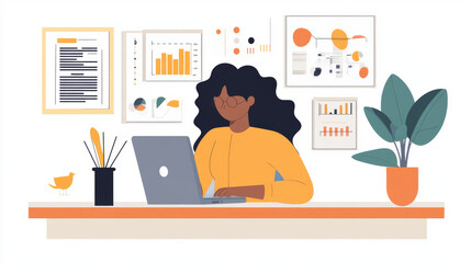 Female Analyst at Her Desk Works on a Laptop Showing Statistics, Graphs and Charts. She Works on the Wooden Table in Creative Office.