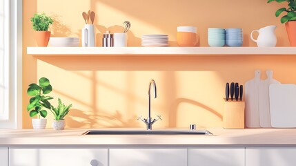 Modern Light Kitchen Interior with Sink and Kitchenware - Professional Home Cooking Design