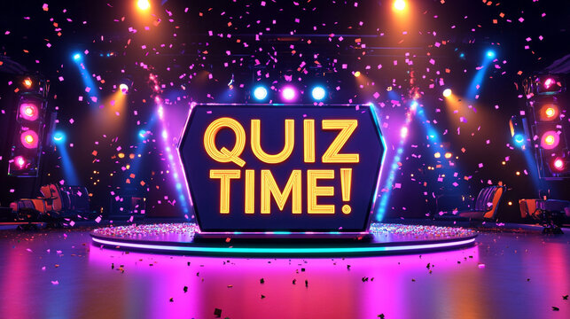 Quiz Night  Game Show Stage  Neon Lights  Confetti Celebration
