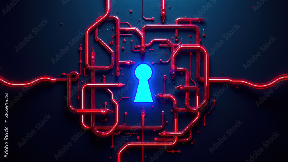 Aufkleber cybersecurity theme with a network of red lines connected by a blue key.
