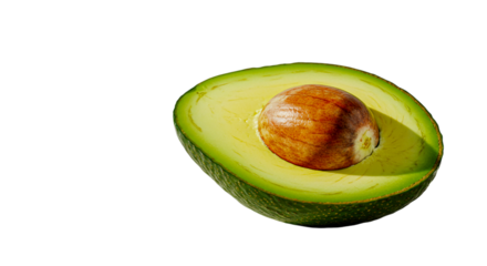 A halved avocado with the seed still inside against a black background in a studio shot setting