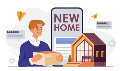 Happy man moving into new home scene. Vector illustration