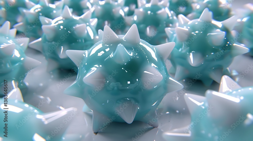 Poster numerous blue sphere objects display sharp white spiky appendages in focus