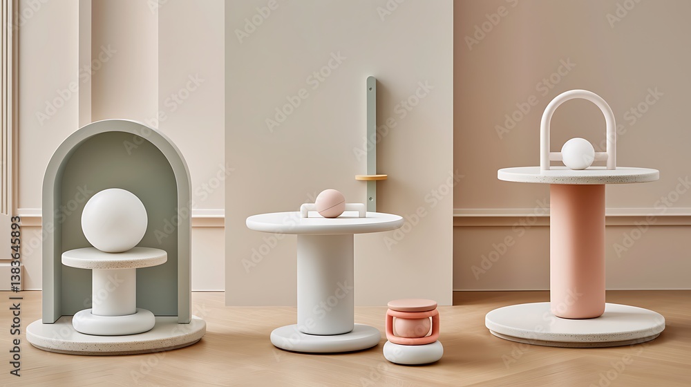Poster minimalist abstract sculptural objects arranged in a staged and neutral setting