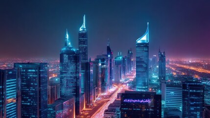 Obraz premium Futuristic Skyline: A Neon-Lit Metropolis at Night with Towering Structures