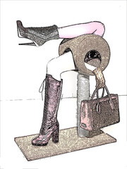 A stylized image features a mannequin adorned with high-heeled footwear and accessories. The display includes a knee-high lace-up boot and an ankle boot, both with stiletto heels. A wide-brimmed hat r