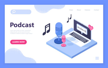 Podcast concept with laptop and microphones. Vector illustration