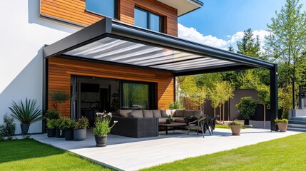 Modern Patio with Stylish Furniture and Bright Sky