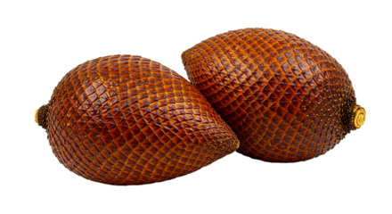 Close up of two salak fruits with scaly brown skin isolated on a black background in high resolution