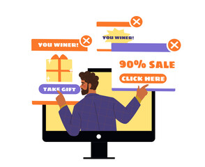 Man clicking fake pop-up ads on screen. Vector illustration