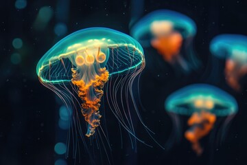 Obraz premium Mesmerizing jellyfish with vibrant, glowing bodies and long, flowing tentacles gracefully swim in dark waters.
