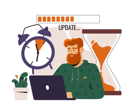 Man waiting during computer update. Vector illustration