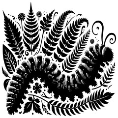 Whimsical Caterpillar Silhouette with Botanical Elements: A stylized illustration featuring a caterpillar surrounded by detailed plant life, showcasing a harmonious blend of nature and artistry.