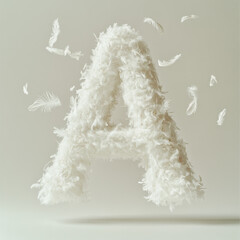 A soft, three-dimensional letter "A" constructed from white feathers. The letter appears to float slightly above a neutral background, with several individual feathers scattered around it
