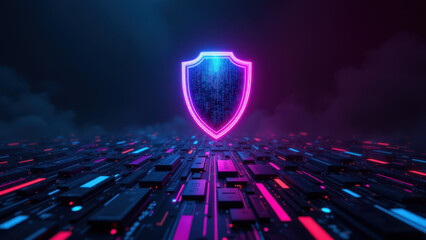 Cybersecurity and online safety are depicted with a glowing shield over a dynamic cityscape, symbolizing protection from digital threats.