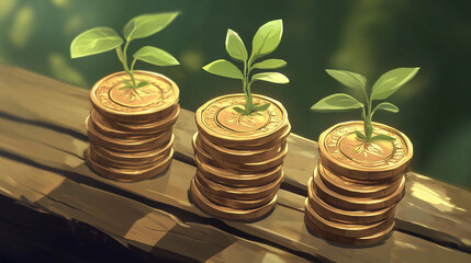 Growing Money  Gold Coins   Saplings  Financial Growth  Investment Concept