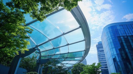 Modern Architecture with Glass Canopy and Green Trees