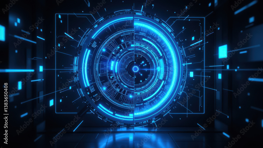 Aufkleber futuristic digital interface with advanced technological graphics against a black background.
