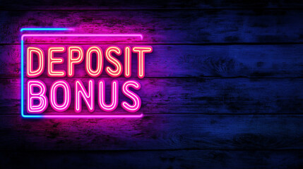Fototapeta premium Glowing Neon Deposit Bonus Sign on Rustic Wood