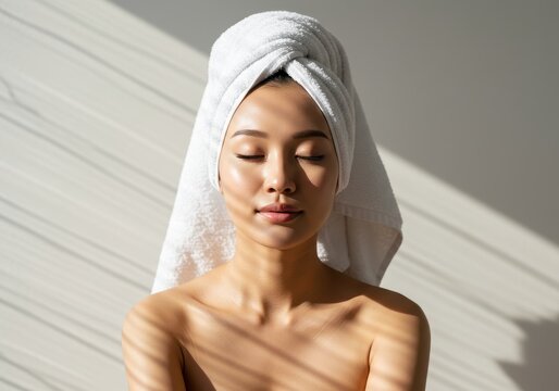A radiant Asian woman sitting peacefully in warm sunlight with a white towel wrapped around her head