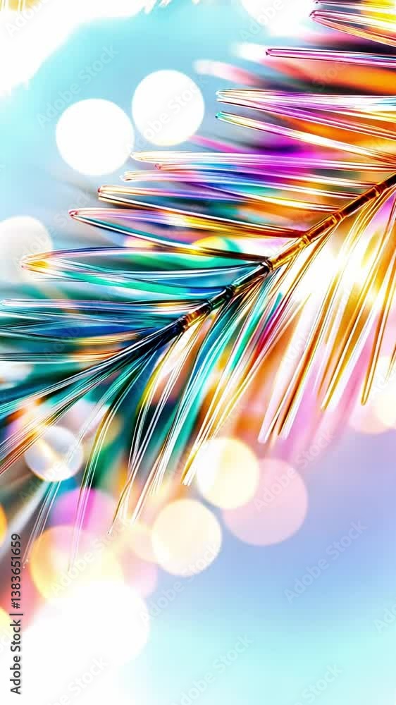 Poster vibrant futuristic animation with colorful tech-inspired palm leaves and bright bokeh backdrop