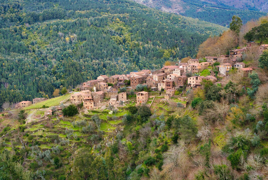 Aldeia do Talasnal com as suas casas tradicionais feitas com pedras de xisto no meio da serra da Lousa, rodeada por uma natureza verde .