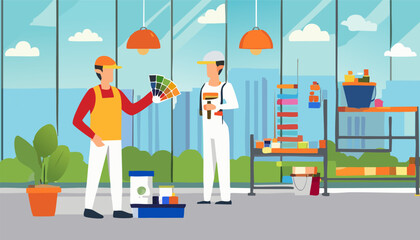 A detailed pixel art illustration showcasing a hardworking construction worker who is holding a vibrant palette of paint, ready for his task