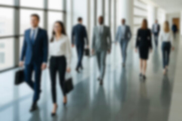 business people walking in the corridor of an business center, pronounced motion blur, crowded bright modern light office movement defocused. office background busy. talking and rushing in the lobby.