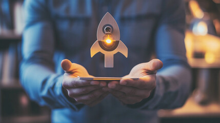 A startup founder proudly presents a new product to investors.