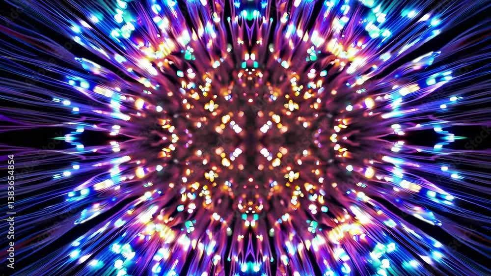 Poster abstract light burst with colorful particles and ethereal patterns in dark background