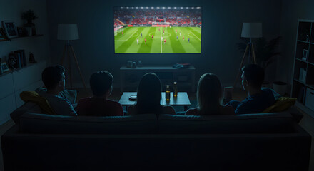 people watching tv Large television in a living room, Fans gather in a sports bar watching a soccer match on multiple screens, creating a lively atmosphere. Generative AI

